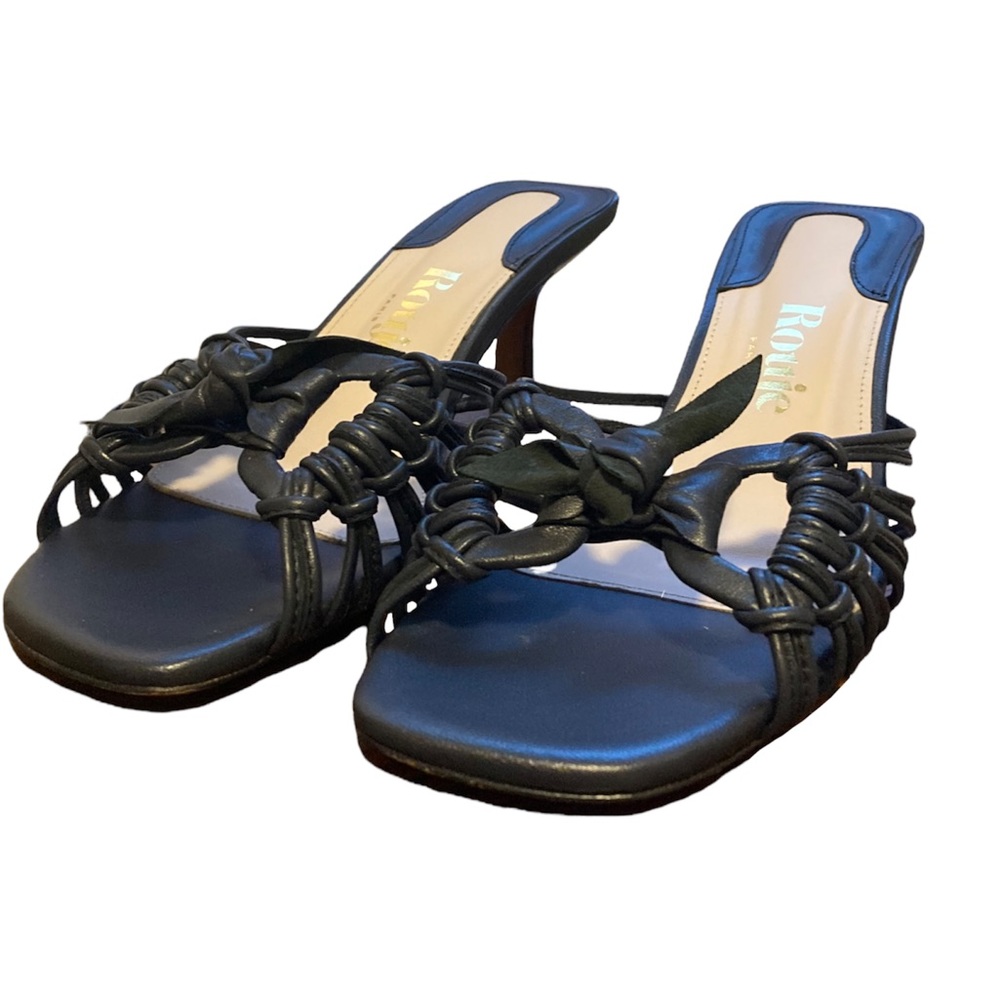 Rouje Paris Strappy Black Leather Kitten Heel Mule Sandal